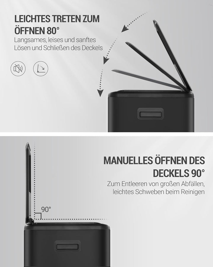 Hzuaneri Mülleimer Küche, 2 x 30 L, Mülltrennsystem 2 Fächer 60 L, Edelstahl-küchenmülleimer, Tretmü