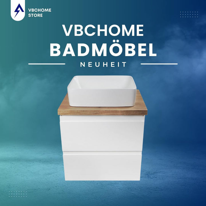 VBChome Badmöbel 50x40 cm Weiss Aufsatzwaschbecken ohne Hahnloch 48x37 cm Aufsatzwaschtisch Waschbec