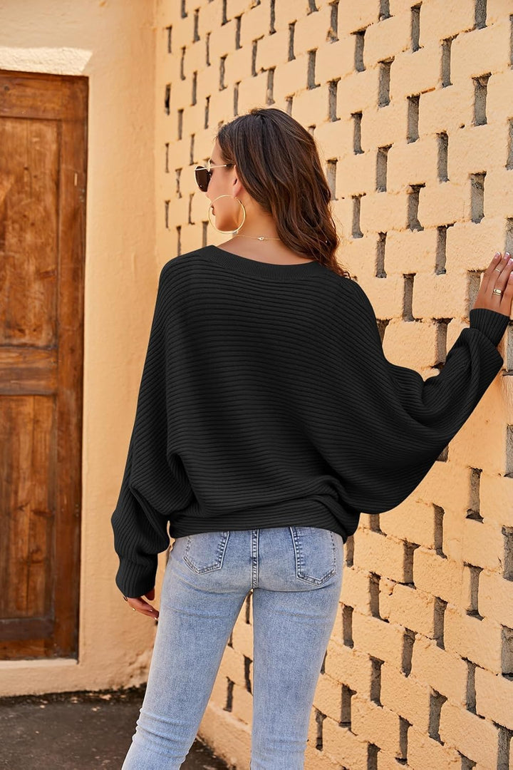 Fessceruna Damen Strickpullover Fledermausärmel Oversized Pullover Rundhalsausschnitt Winter Gerippt