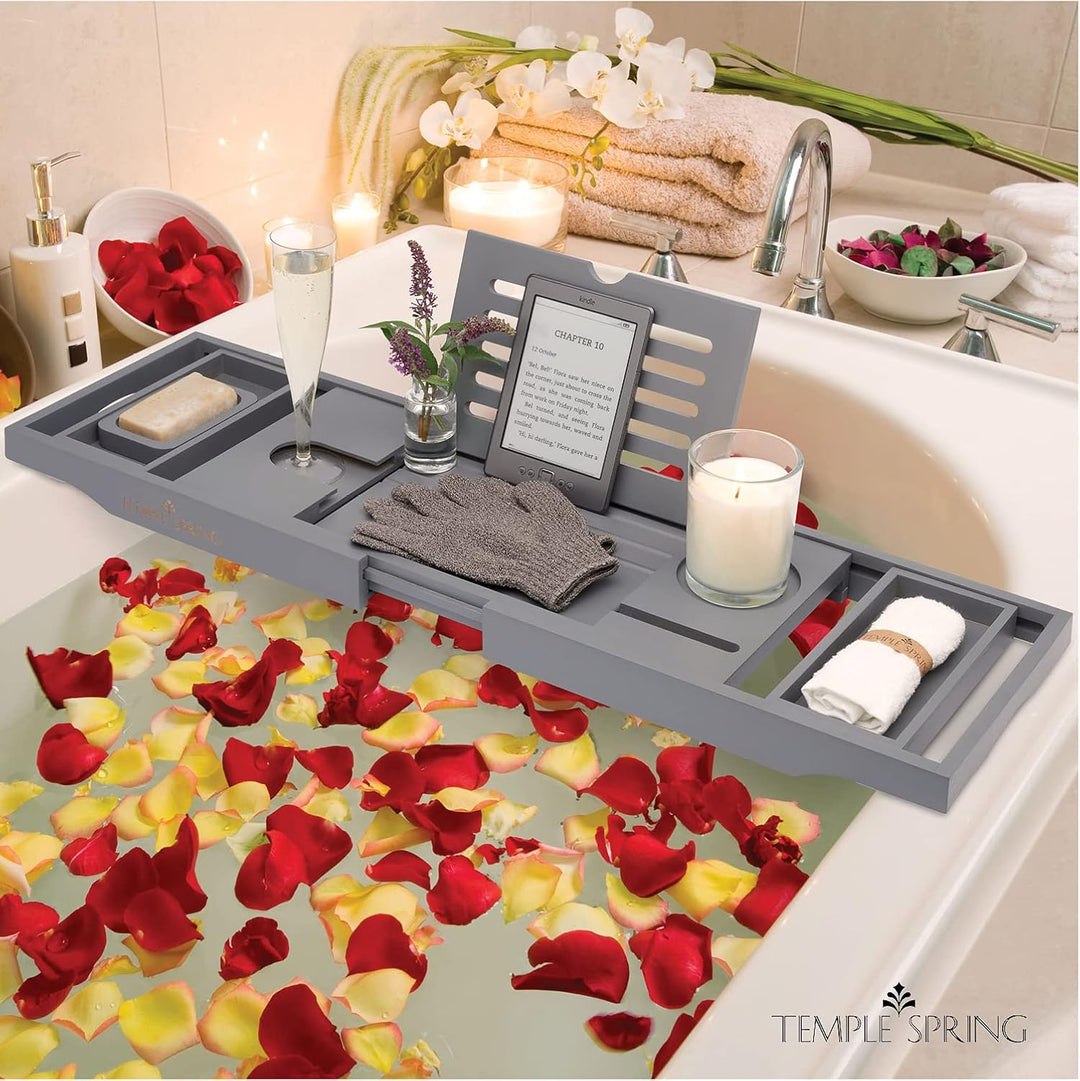 TEMPLE SPRING - Badewannenablage Bambus mit Kerzen-, Weinglas-, Buch-, Tablet-, iPad- und Telefonhal