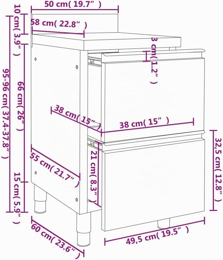 Küchenschrank mit 2 Schubladen Edelstahl 50 x 60 x (95-96) cm mit 2 Schubladen, 50 x 60 x (95-96) cm