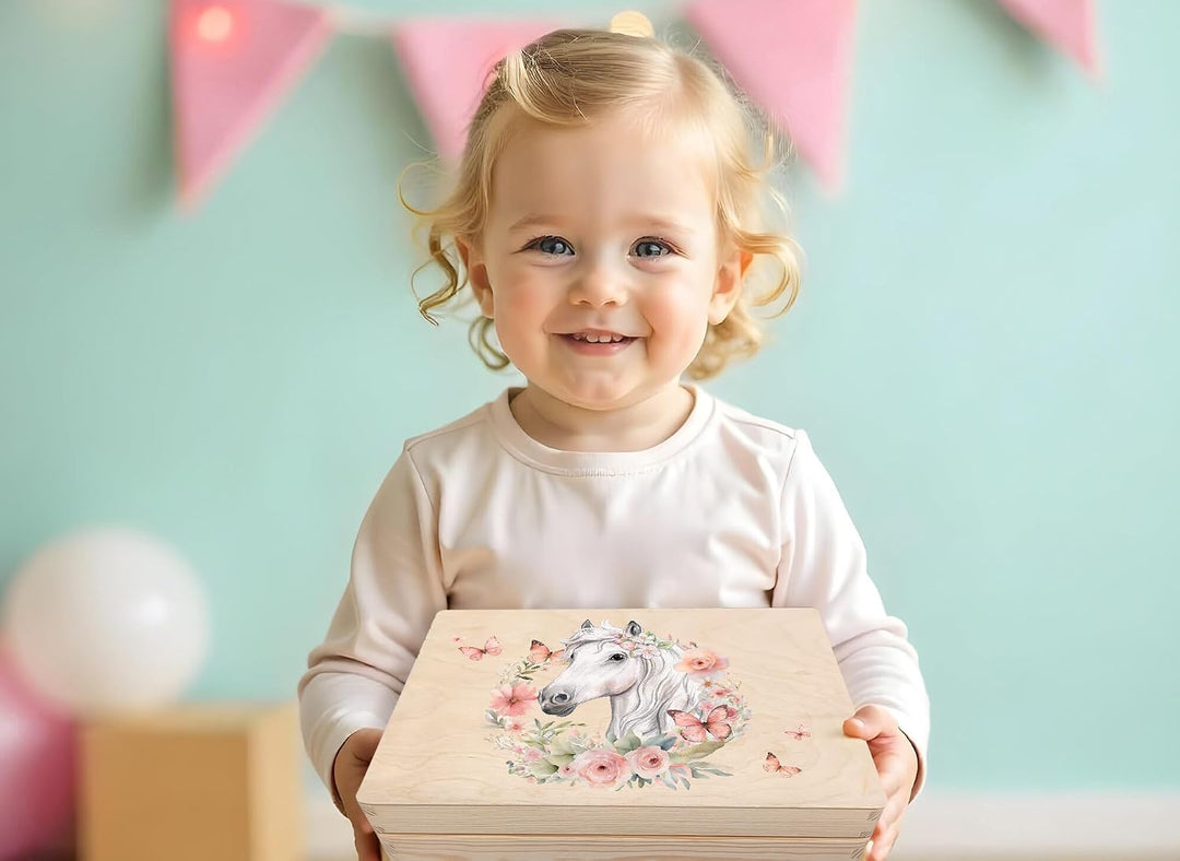 Little Deco Baby Erinnerungsbox Holzkiste mit Pferd &amp; Blumenkranz | M - 30 x 20 x 13 cm | Ideal zur