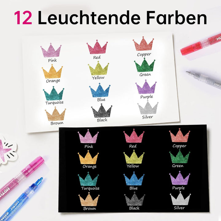 HOTU Glitzerstifte Set 12 Farben Glitzer Filzstifte Zeichenset 1-2mm, 12 Farben