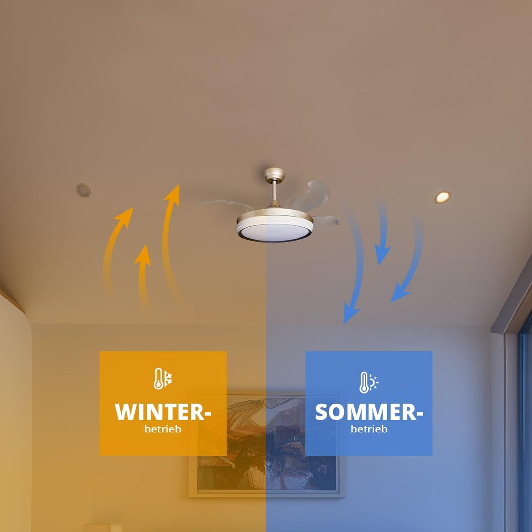 Eclipse Deckenventilator mit Beleuchtung, Leise mit 6 Windstufen, App Goldfarbene Basis Kelora, Gold