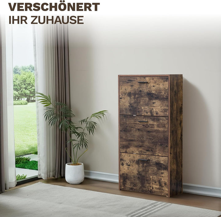 CATAVANA Schuhschrank Schmal - 3 Fächer für 18 Paar - Schuhregal Geschlossen - Platzsparend &amp; Modern
