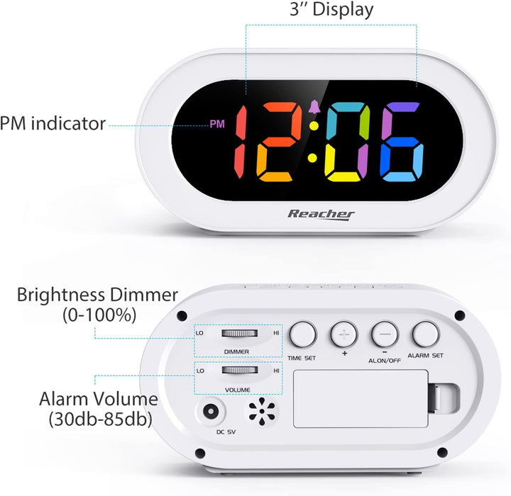 REACHER Kleiner Bunter LED Digital Wecker mit Snooze, Einfach zu Bedienen, Helligkeitsdimmer, Einste