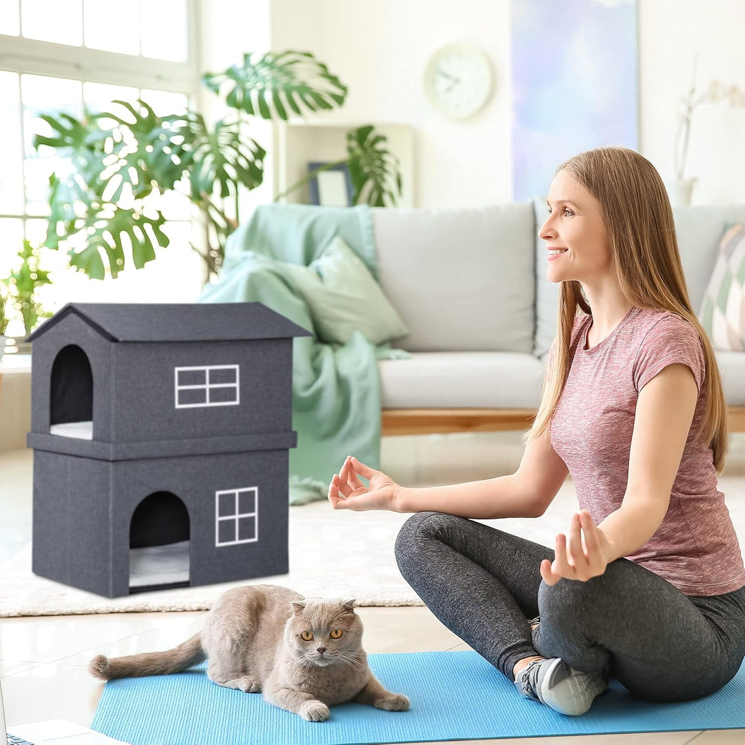 Relaxdays Katzenhaus aus Stoff, Katzenhöhle mit 2 Eingängen, dunkelgrau, dunkelgrau