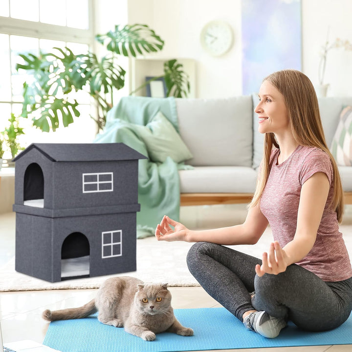 Relaxdays Katzenhaus aus Stoff, Katzenhöhle mit 2 Eingängen, dunkelgrau, dunkelgrau