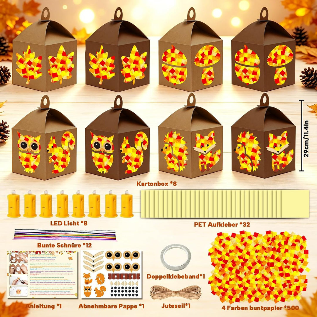 HILKKET Laternen Bastelset Kinder Herbst: 8 Eulen Fuchs Blatt LED Laternen, D