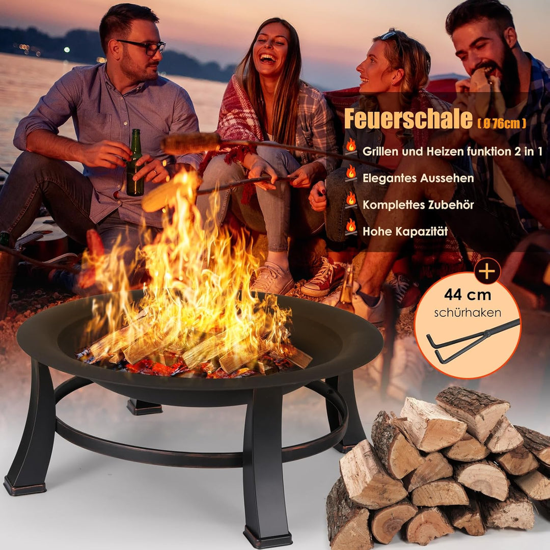 Feuerschalen für den Garten Φ76cm, Feuerschale mit funkenschutz und grillrost, Multifunctional Feuer