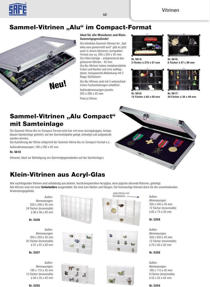SAFE 5375 Alu Sammel Vitrine mit transparentem Deckel | Wandbefestigung | Setzkasten für Mineralien,
