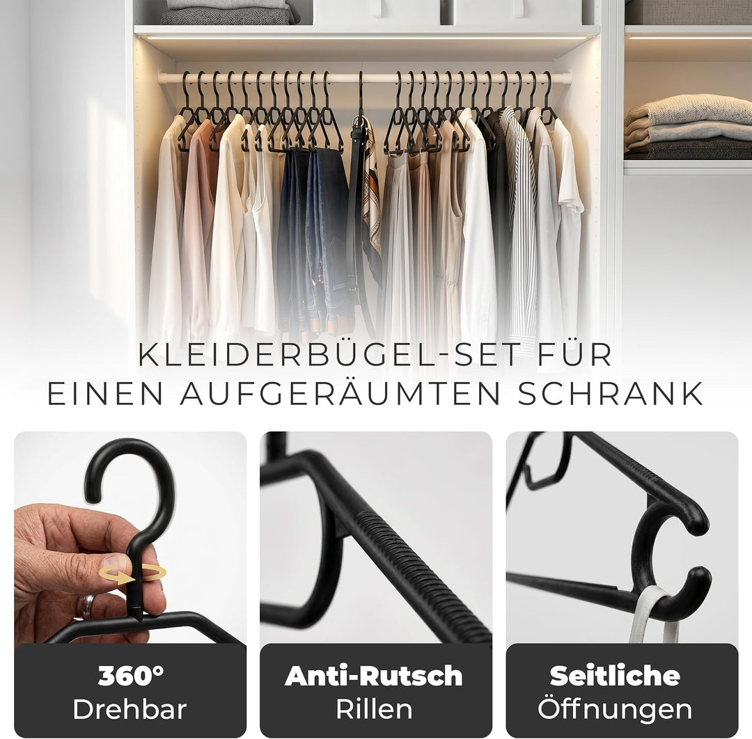 Novaliv 100 Kleiderbügel schwarz | 360° drehbarer Haken | Anti-Rutsch-Rillen | für Hemden Blusen Röc
