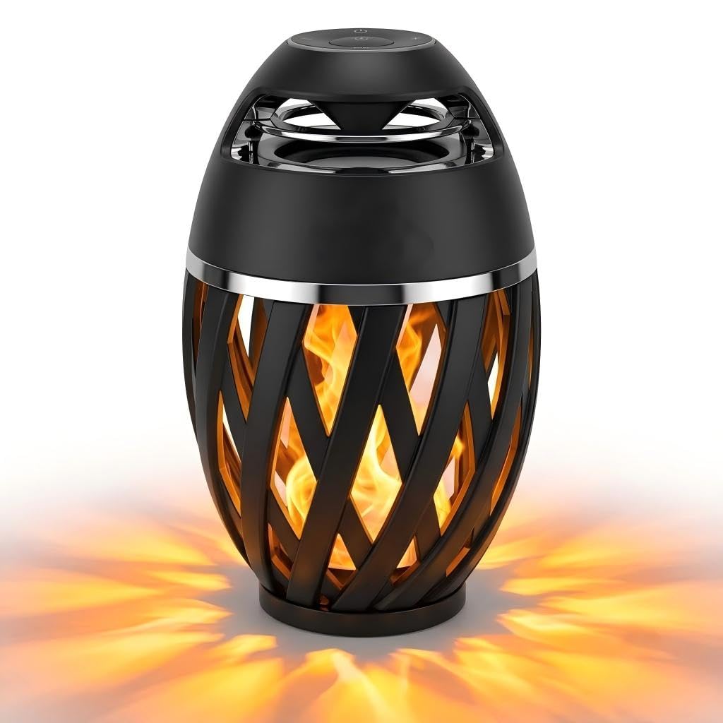 Outdoor Bluetooth Lautsprecher mit Flammenlicht, Kabelloser LED Tischlampe, IP65 Wasserdicht, Stereo