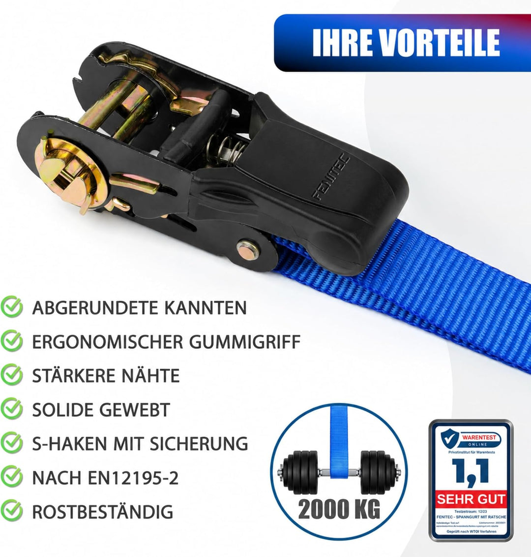 Spanngurte mit Ratsche und Haken 1000 KG Bruchlast 500 KG Tragkraft -12-TLG. 5m 25mm - EN12195-2 - Z