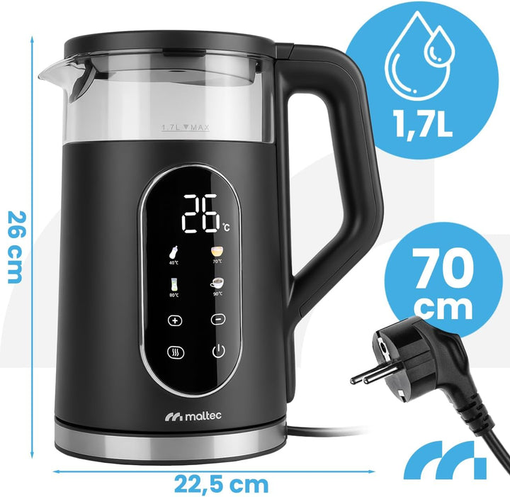 MalTec Wasserkocher Glas 1,7L 2200W mit Temperaturwahl Keep Warm LED