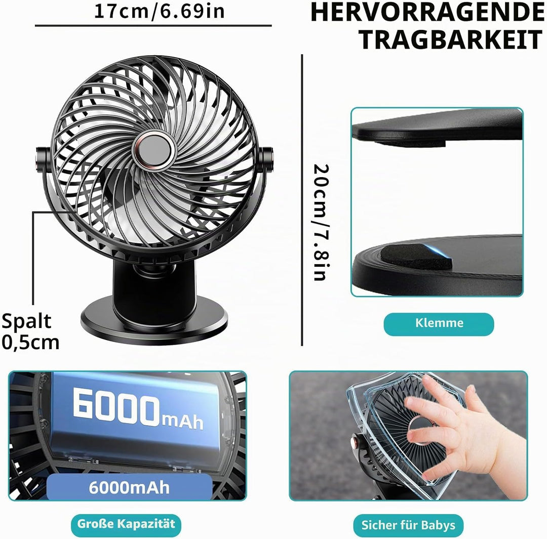 Schreibtischventilator, Mini-Ventilator, USB, leise, mit LCD-Display, 6000 mAh, Clip-Ventilator, 5 G