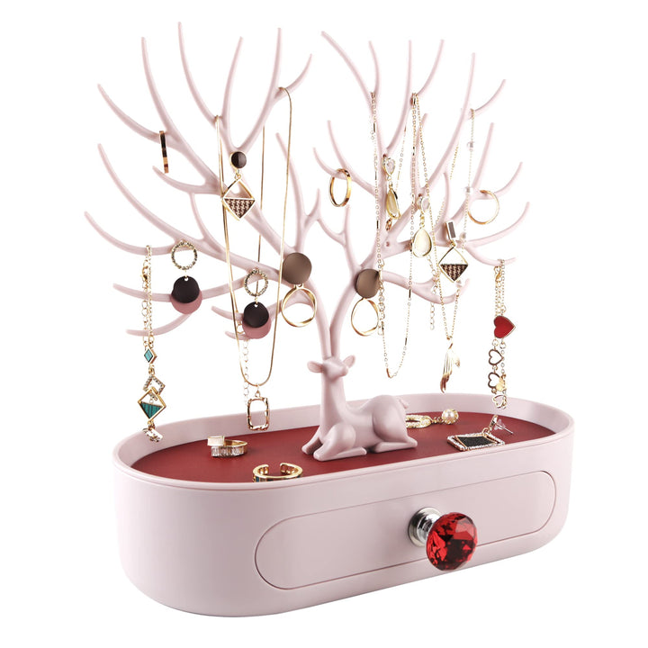 MORE&amp;LESS Rotes Kunstleder Roter Kristall Griff Hirsch Ornament Display Rack Ring Ohrringe Halskette