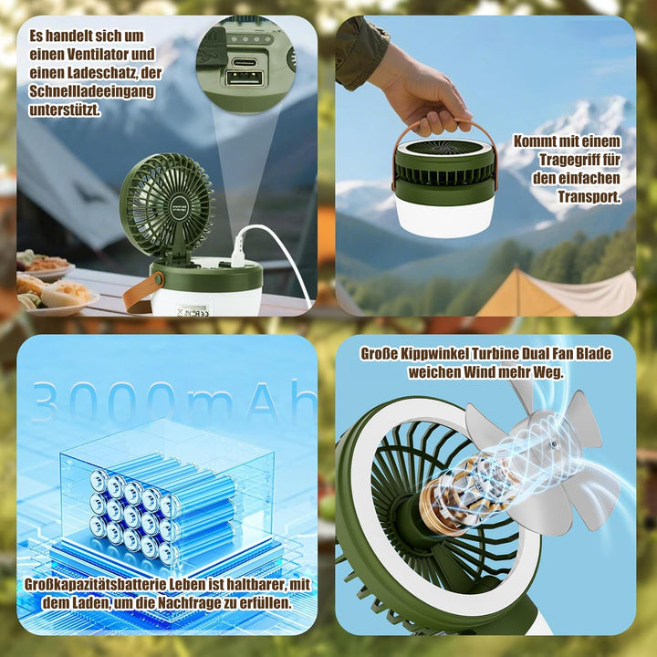 Solar Camping Ventilator, USB Rechargeable Fan, Tischventilator akku Ventilator Camping Campinglampe