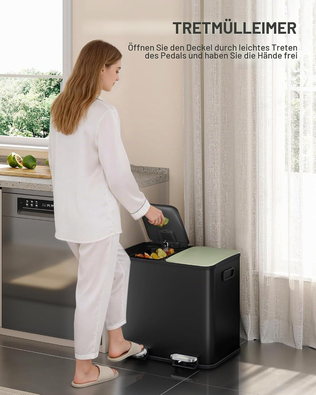 Hzuaneri Mülleimer Küche, 2 x 15 L, Mülltrennsystem 2 Fächer, Mülleimer mit Farbigem Soft-Close-Deck