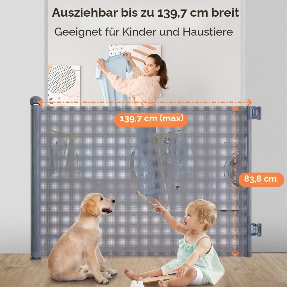 COMOMY Treppenschutzgitter Ausziehbar 0-140cm, Türschutzgitter Rollo für Baby, Katzen und Hunde, Ein