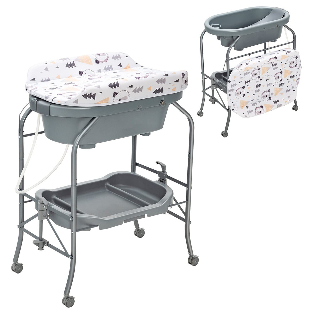 DREAMADE 2 in 1 Wickeltisch &amp; Badewanne mit Gestell, Wickeltisch Klappbar, Wickelkommode auf Rollen