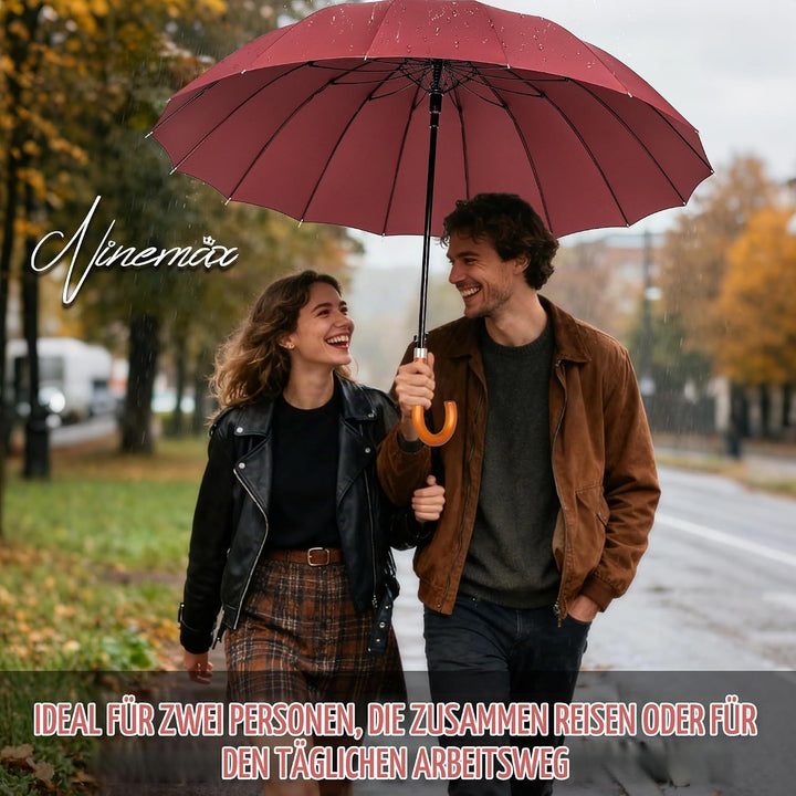 NINEMAX Regenschirm Gross Sturmfest,Stockschirm mit Holzgriff füR Herren Damen,Stabiler 16 Knochen R