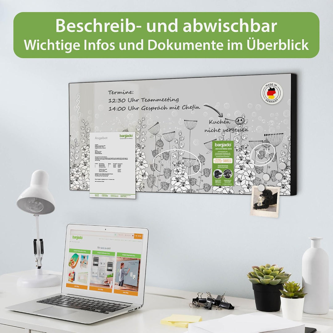 banjado Magnettafel schwarz 78 x 37cm / Magnetwand Metall/Magnetpinnwand als Memoboard/Pinnwand Magn
