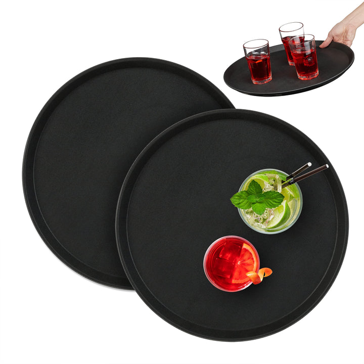 Relaxdays Serviertablett 2er Set, rund Ø 40 cm, Bartablett, rutschfeste Oberfläche, Kellnertablett G