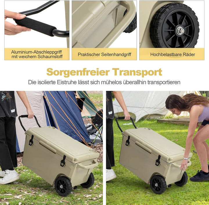 GYMAX Kühlbox 71L, tragbarer Kühlwagen mit Rädern, isolierter Kühler mit rutschfesten Fusspolstern,