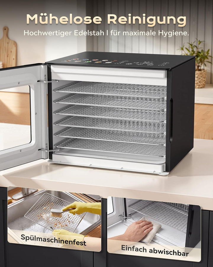 TRIUMPHKEY Dörrautomat mit 6 Edelstahl-Dörrtabletts, Dörrgerät für Obst, Gemüse, Fleisch, Pilze, Krä