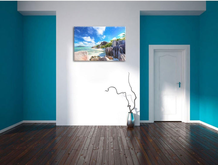 Pixxprint Seychellen Strand Kunst Buntstift Effekt, Format: 100x70 auf Leinwand, 100x70