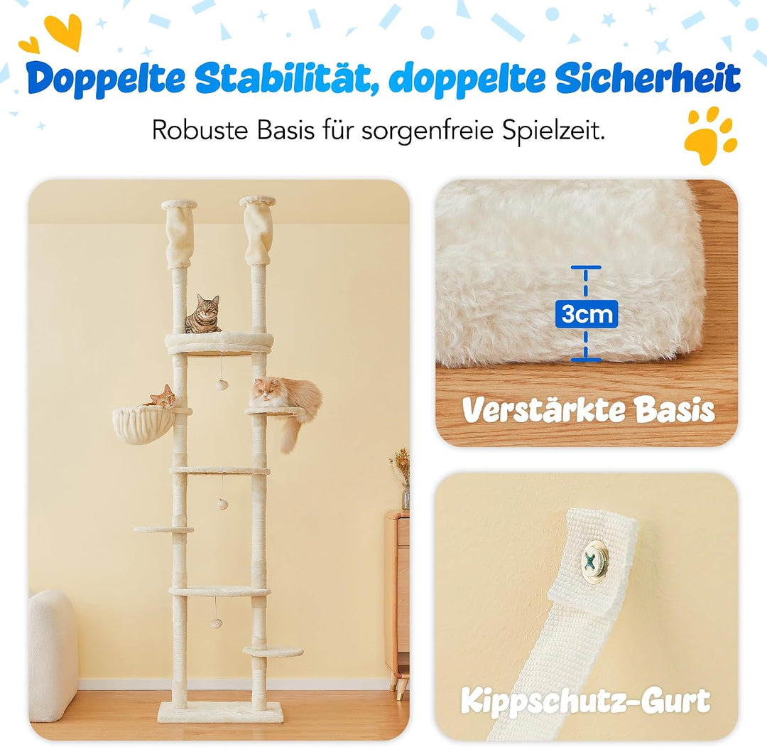 Deckenhoher Katzenbaum 234-259 cm höhenverstellbar, 2-Säulen-Design mit 12 Sisal-Pfosten, mehrstöcki