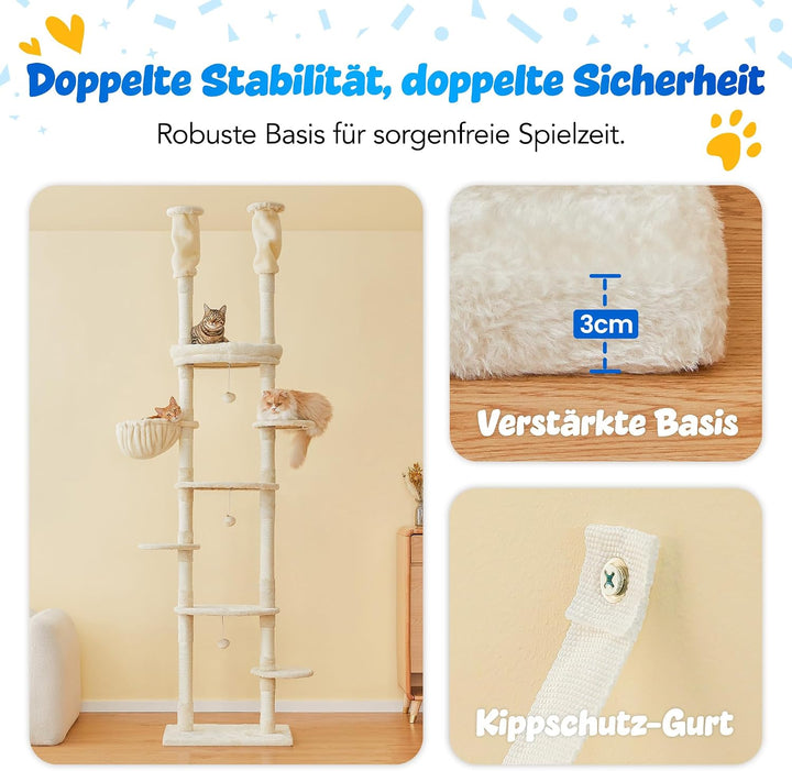 Deckenhoher Katzenbaum 234-259 cm höhenverstellbar, 2-Säulen-Design mit 12 Sisal-Pfosten, mehrstöcki