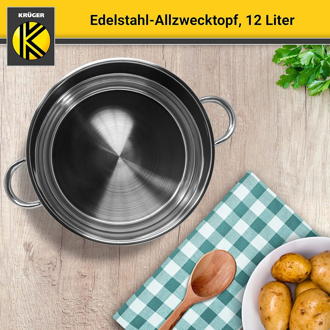 Krüger Edelstahl-Allzwecktopf - Kochtopf mit Deckel zum Sichtkochen - energiesparender Kapselboden -