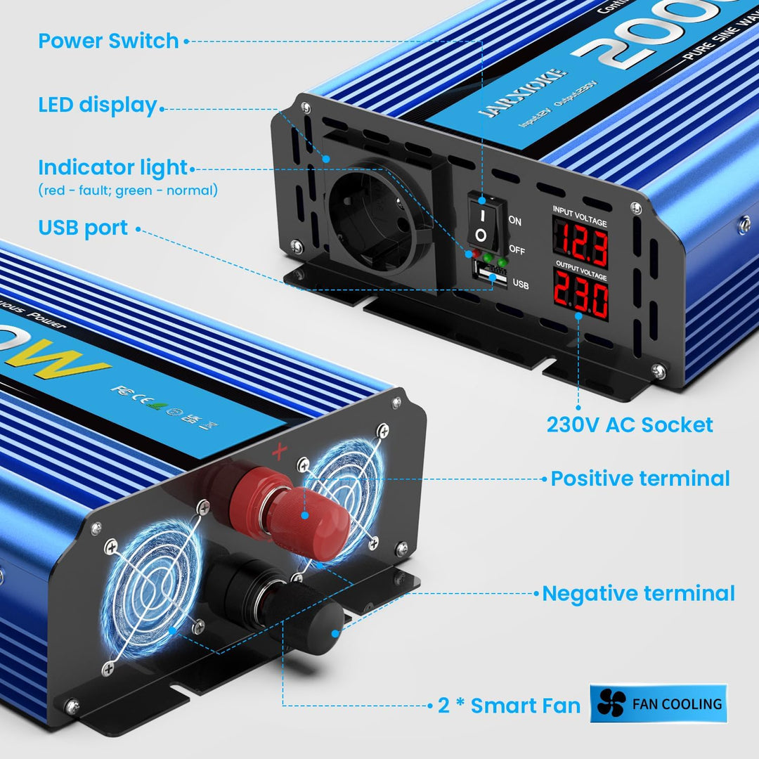 Wechselrichter 2000W Reiner Sinus Spannungswandler 12V auf 230V Power Inverter DC Umwandler mit 2 AC
