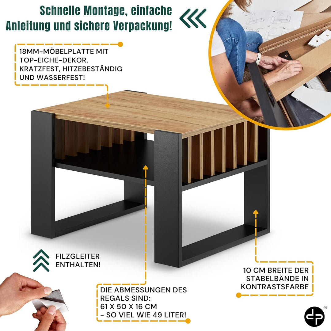 defiPad® Couchtisch mit Stauraum | 65CM Breite Kaffeetisch mit Lammelas | Modern Wohnzimmertisch Eic