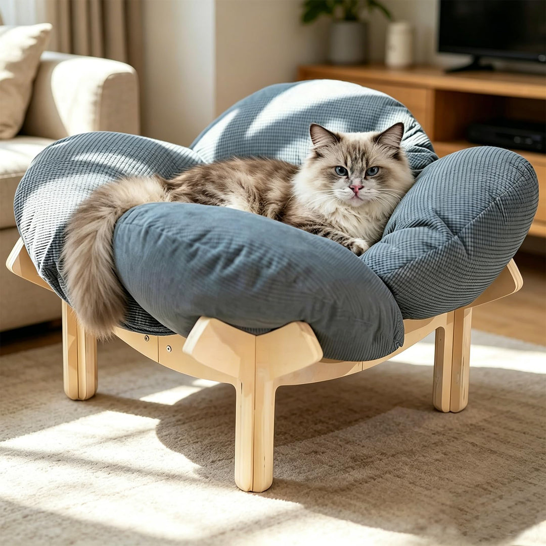 Erhöhtes Katzenbett aus Holz, Flauschiges Katzensofa in Blumenform, Katzenkissen mit waschbarem &amp; Ho