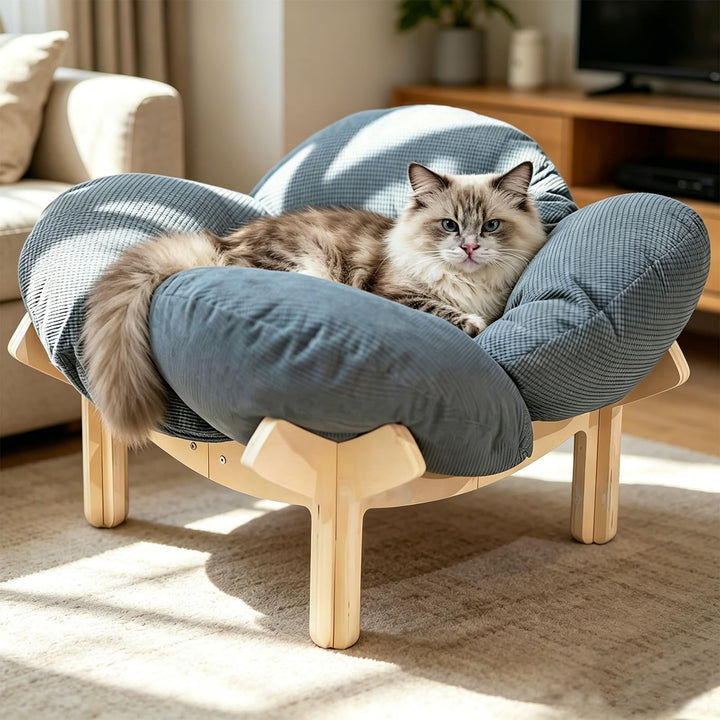 Erhöhtes Katzenbett aus Holz, Flauschiges Katzensofa in Blumenform, Katzenkissen mit waschbarem &amp; Ho