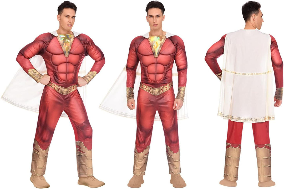 Amscan - Erwachsenenkostüm Shazam, Overall mit gepolsterter Brust, Umhang, DC Super Heroes, Motto-Pa