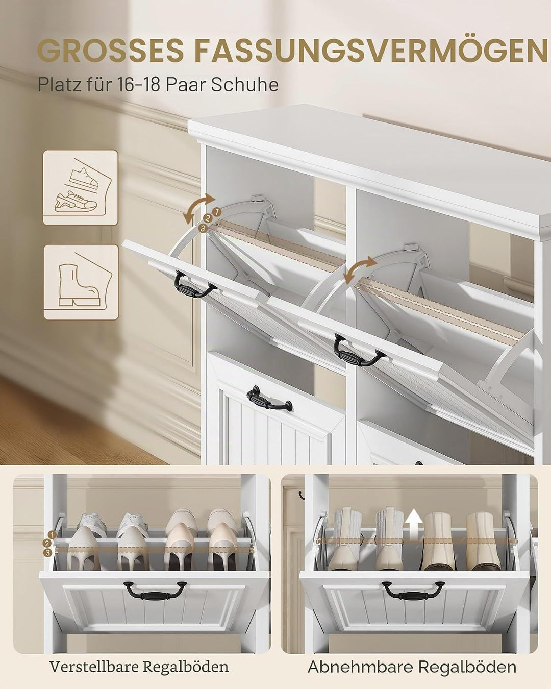 Hzuaneri Schuhschrank Schmal mit 4 Klappen, Klassischer Stil, Schuhkommode mit Holzoptik, Schmaler S