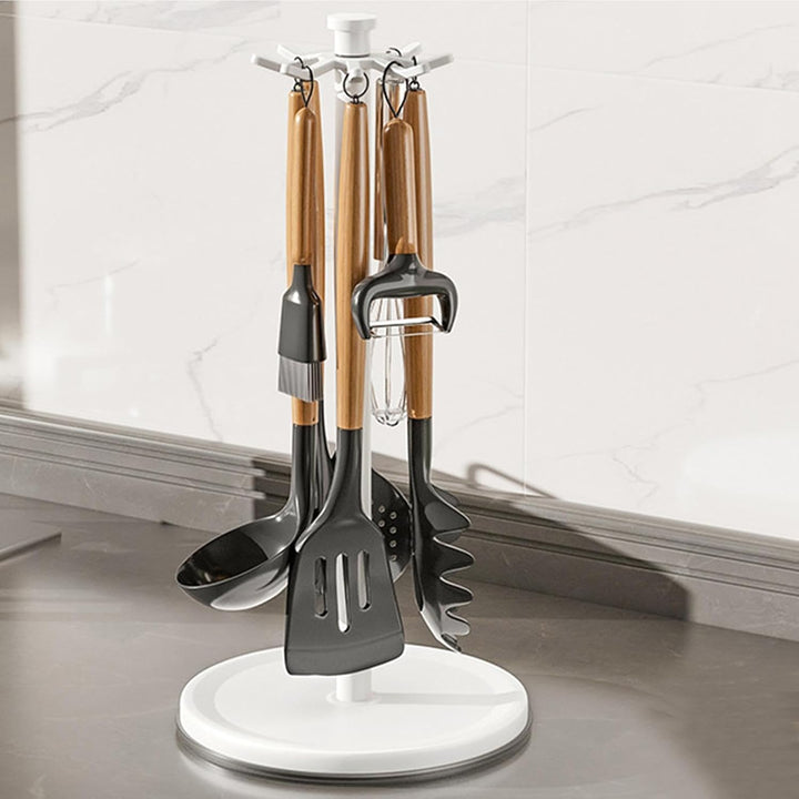 Rotating Utensil Holder, 8 Hook Organizer, 360 Degree Counter Rack with Compact Build, Kitchen Tool