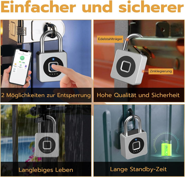 Anweller Vorhängeschloss Fingerabdruck, Fingerabdruck Schloss, Spindschloss, Schloss mit Fingerabdru