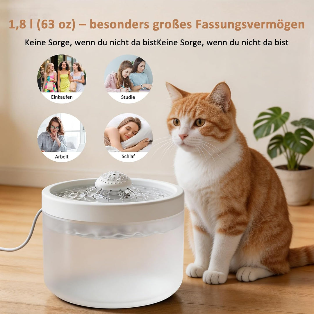 Kompakter Leiser Katzenbrunnen 1,8L Mehrschichtfilter Zirkulation weiss, weiss