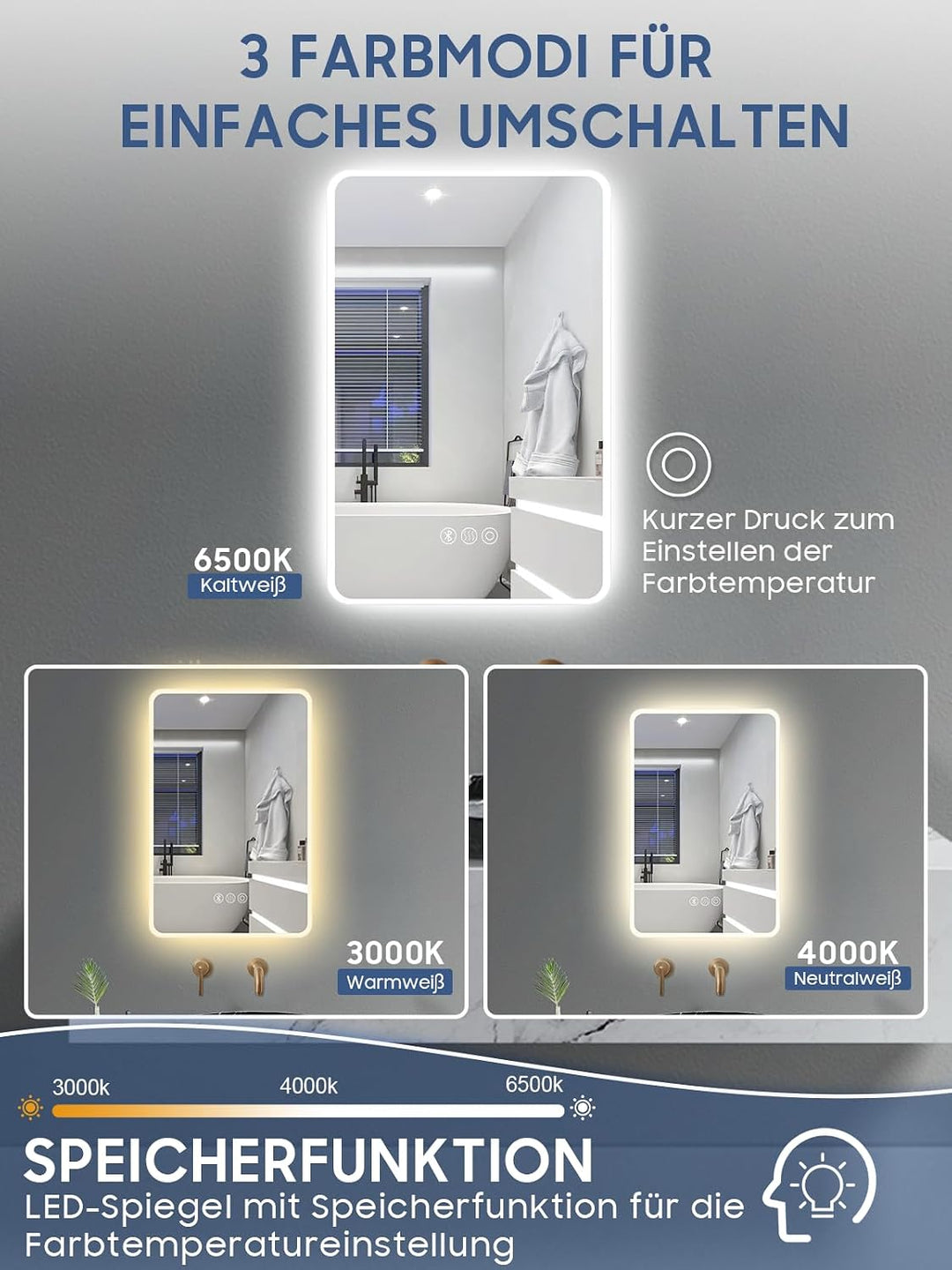 Badspiegel mit Beleuchtung,60x80cm LED Badezimmerspiegel Mit Licht und Bluetooth, Entfoggen, 3 Farbt