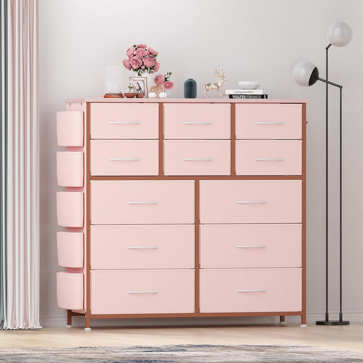 GarveeHome Stoffkommode 99x30x110 cm Metall MDF 12 Schubladen Pink Rosa, Rosa