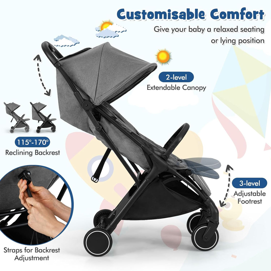 FANTASK Kinderwagen klappbar, Kinderbuggy mit verstellbarem Sonnendach, 5-Punkt-Sicherheitsgurt, Rei