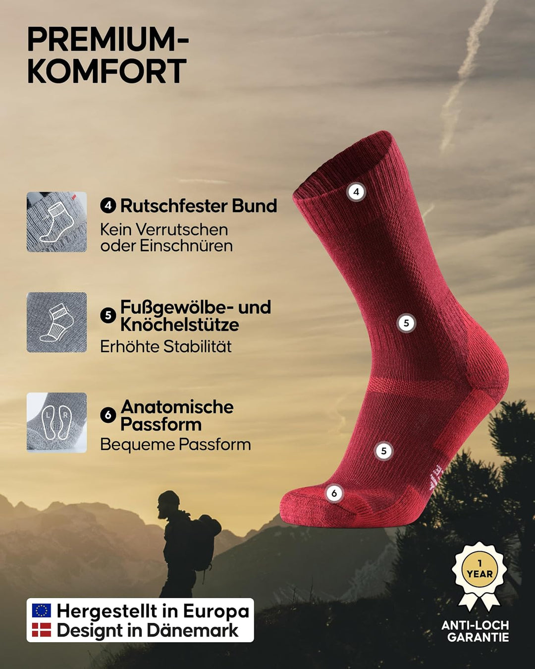 DANISH ENDURANCE Merino Wandersocken, Sommer Trekkingsocken, Merinowolle Socken, Atmungsaktiv &amp; Star