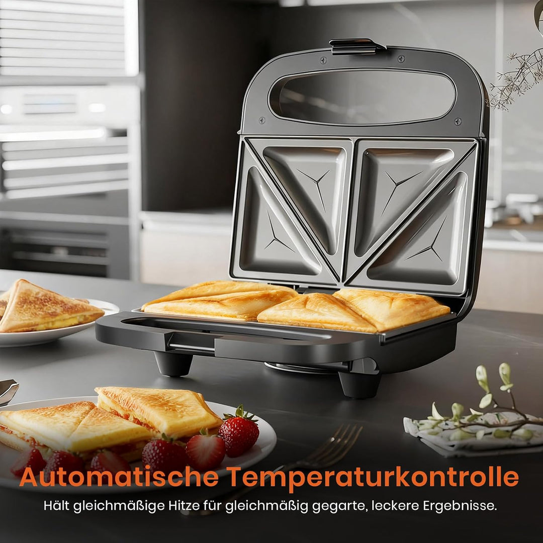 Sandwichmaker 750W mit Antihaftbeschichtung für 2 Sandwiches Automatischer Temperaturregelung Cool T