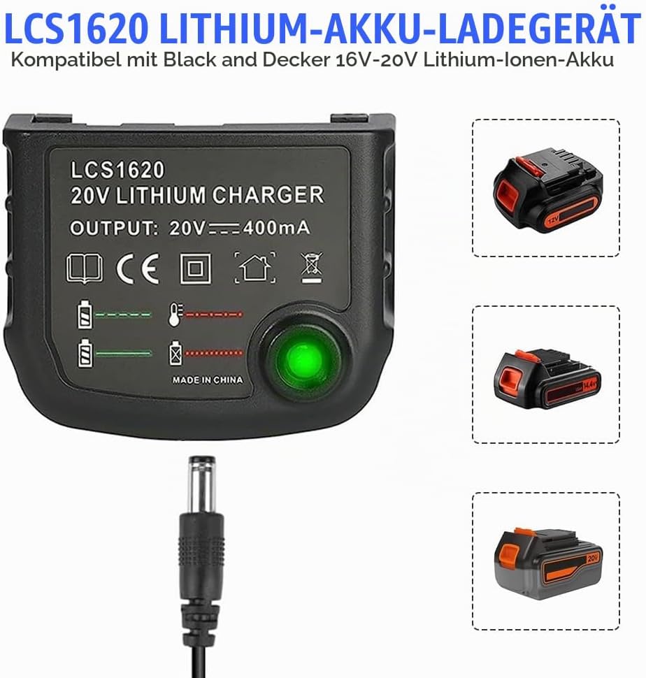 18V/20V Ladegerät Kompatibel mit Black &amp; Decker, XPJBKC Lithium-Akku Ladegerät für Black und Decker