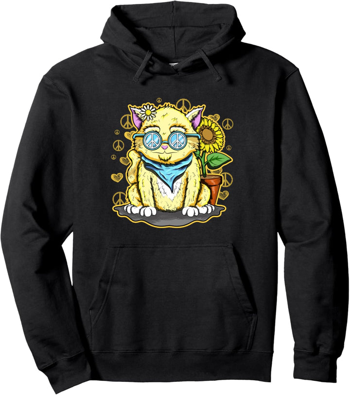 Cat Hippy Sunflower Peace Pullover Hoodie